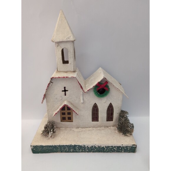 Vintage Putz Japan Christmas Village Houses Large Church Set of 4 - Picture 2 of 16